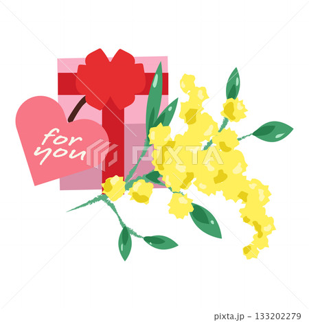 ミモザとハートタグ付きギフトボックスのイラスト 133202279