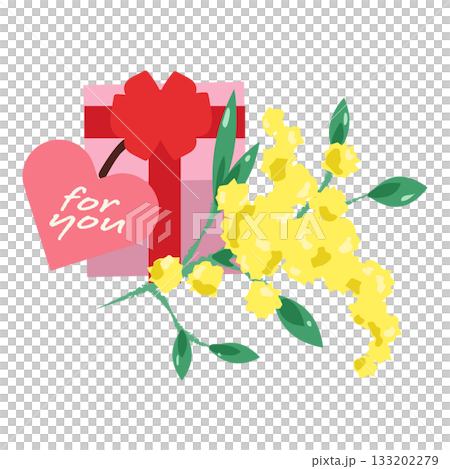 ミモザとハートタグ付きギフトボックスのイラスト 133202279