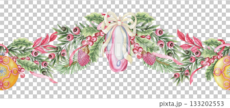 Pink ballet flats and glass ball ornament Christmas seamless border. Hand drawn watercolor with colored pencil texture. Festive garland with green yew branch perfect for frame and holiday card design. Pink ballet flats and glass ball ornament Christmas seamless border. Hand drawn watercolor with colored pencil texture. Festive garland with green yew branch perfect for frame and holiday card design. 133202553