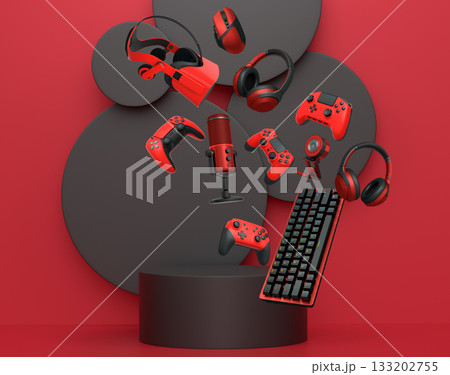 Multiple gaming devices and accessories floating above podium against abstract background, concept of modern gaming tech 133202755