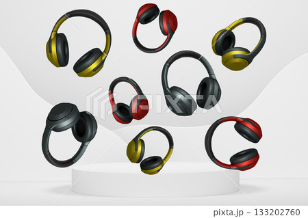 Multiple wireless headphones floating above platform or podium on abstract background, symbolizing audio tech 133202760