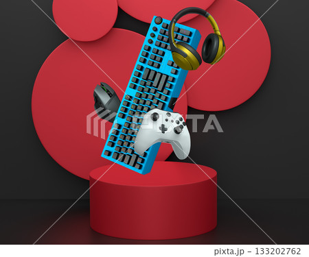 Gaming keyboard, mouse, controller, and headphones float in air on pastel background with podium, concept of gaming setup 133202762