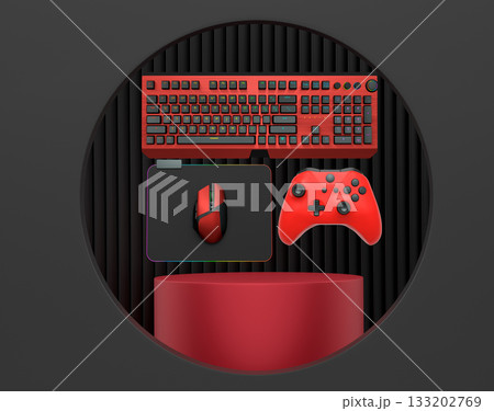 Gaming keyboard, mouse, and controller float in air on pastel background with podium, concept of gaming setup Gaming keyboard, mouse, and controller float in air on pastel background with podium, concept of gaming setup 133202769