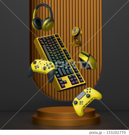 Gaming keyboard, mouse, controllers, web camera and headphones floating above podium on abstract background, symbolizing games Gaming keyboard, mouse, controllers, web camera and headphones floating above podium on abstract background, symbolizing games 133202770