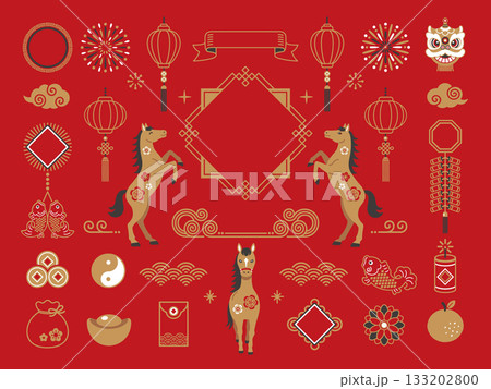 2026年 春節 馬年の中華風フレームと装飾 133202800