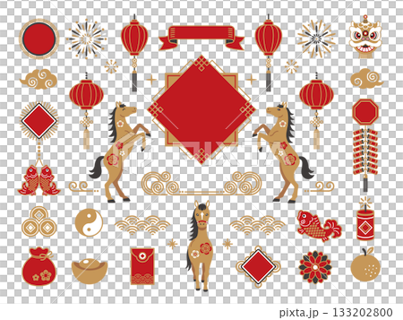 2026年 春節 馬年の中華風フレームと装飾 133202800