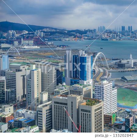 Cityscape of Busan Metropolitan City and Busan harbor in Busan, South Korea 133202847