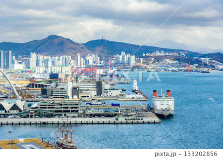 Cityscape of Busan Metropolitan City and Busan harbor in Busan, South Korea 133202856