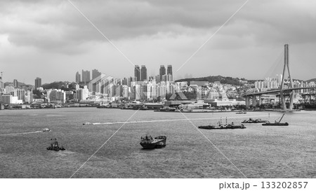 Cityscape of Busan Metropolitan City and Busan harbor in Busan, South Korea 133202857