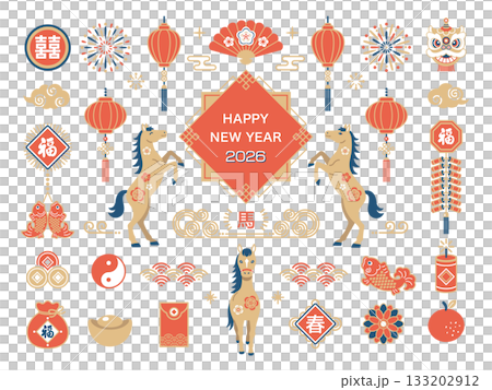 2026年 春節 馬年の中華風フレームと装飾 2026年 春節 馬年の中華風フレームと装飾 133202912