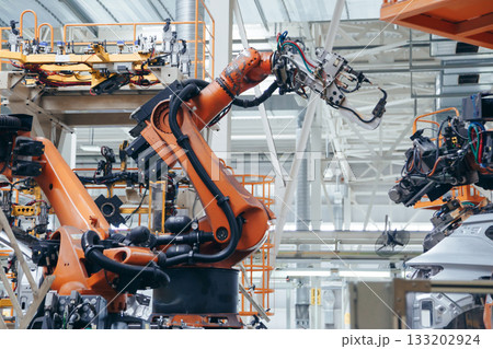 Automotive production line. Robotic Welding car body. Modern car Assembly plant Automotive production line. Robotic Welding car body. Modern car Assembly plant 133202924