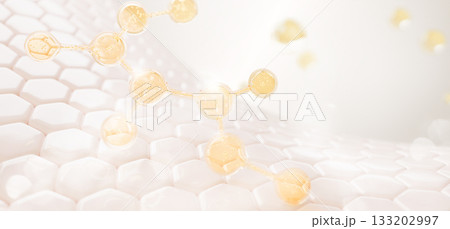 3d skin cells with hexagon pattern and biomimetic molecule. Liquid cosmetic formula with bubbles. Gold collagen peptide serum, retinol gel cream, hyaluron moisture skincare product. 3D illustration 133202997