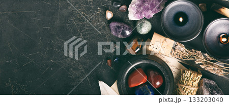 Holistic Healing Objects on Textured Dark Background 133203040
