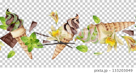 Soft ice cream swirl and mint leaves in waffle cone wirh chocolate bits, vanilla flower pods. Isolated seamless banner border hand drawn in watercolor. Frozen treat tag, cafe menu art, eco packaging. Soft ice cream swirl and mint leaves in waffle cone wirh chocolate bits, vanilla flower pods. Isolated seamless banner border hand drawn in watercolor. Frozen treat tag, cafe menu art, eco packaging. 133203049