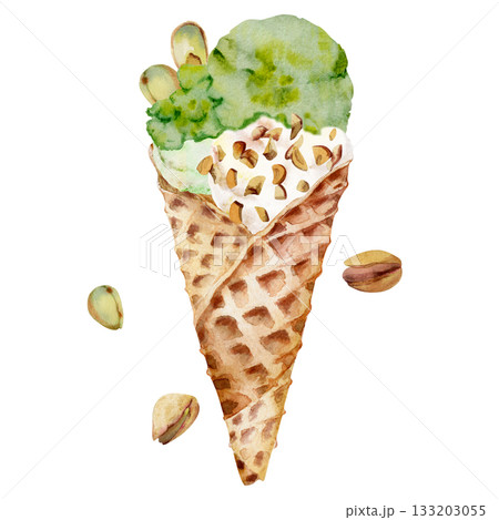 Pistachio ice cream gelato scoop in waffle cone sprinkled with crushed nuts topping. Isolated illustration hand drawn in watercolor. Street food vendor stall, vegan cafe branding, digital recipe book. Pistachio ice cream gelato scoop in waffle cone sprinkled with crushed nuts topping. Isolated illustration hand drawn in watercolor. Street food vendor stall, vegan cafe branding, digital recipe book. 133203055
