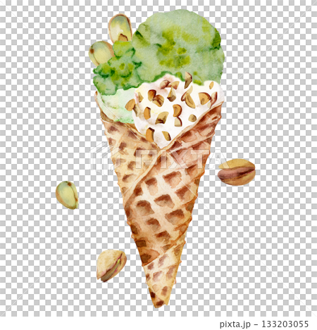 Pistachio ice cream gelato scoop in waffle cone sprinkled with crushed nuts topping. Isolated illustration hand drawn in watercolor. Street food vendor stall, vegan cafe branding, digital recipe book. Pistachio ice cream gelato scoop in waffle cone sprinkled with crushed nuts topping. Isolated illustration hand drawn in watercolor. Street food vendor stall, vegan cafe branding, digital recipe book. 133203055