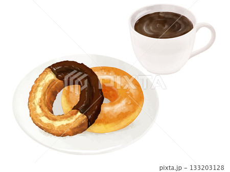 お皿に乗ったドーナツ2個とコーヒーのセット お皿に乗ったドーナツ2個とコーヒーのセット 133203128