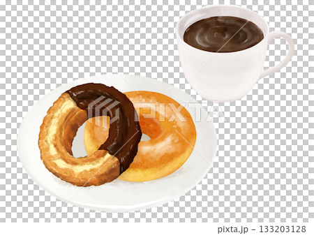 お皿に乗ったドーナツ2個とコーヒーのセット お皿に乗ったドーナツ2個とコーヒーのセット 133203128