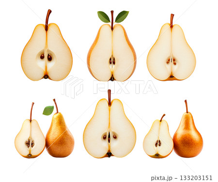 Set of ripe pear and sliced half with visible seeds and green leaf isolated on white transparent background 133203151