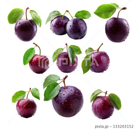 Set of plum with green leaf, isolated on white transparent background, symbolizing freshness and nature food 133203152