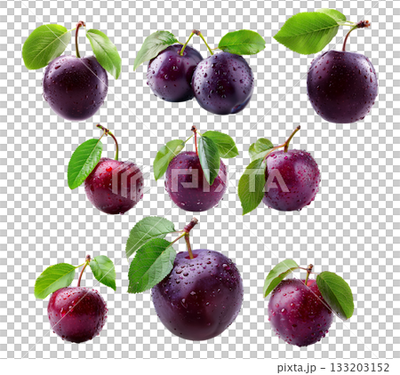 Set of plum with green leaf, isolated on white transparent background, symbolizing freshness and nature food 133203152