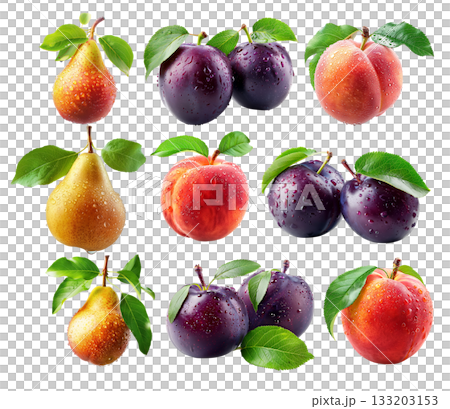 Set of peach, pear, plums or nectarine covered in dew drops with green leaves isolated on white background 133203153