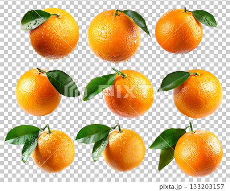 Set of orange with water droplets represents natural, vibrant citrus goodness isolated on a white transparent background 133203157