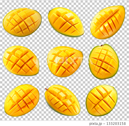 Set of ripe mango cut into cubes, vibrant yellow flesh, green skin, isolated on white transparent background 133203158