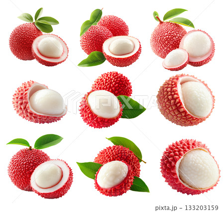 Set of lychee fruit with red skin, white flesh and green leaves isolated on white background, concept of tropical fruit 133203159