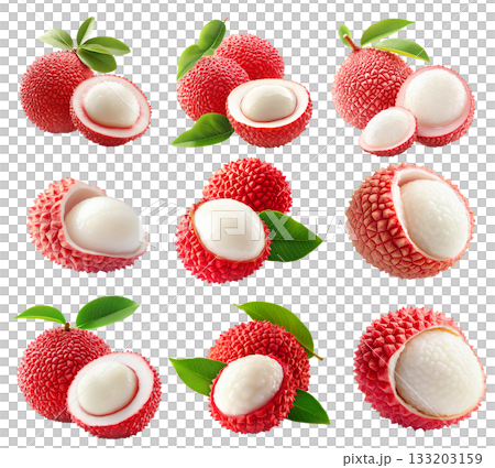 Set of lychee fruit with red skin, white flesh and green leaves isolated on white background, concept of tropical fruit 133203159
