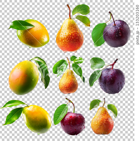 Set of mango, pear, plums or nectarine covered in dew drops with green leaves isolated on white background Set of mango, pear, plums or nectarine covered in dew drops with green leaves isolated on white background 133203160