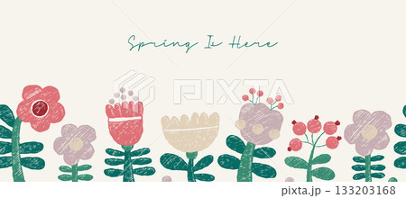 Hand-drawn Crayon Spring Floral Seamless Border. Blooming poster with Flower, Plants and Red Berry on White Background. Primitive Textured Vector horizontal illustration. Not AI 133203168