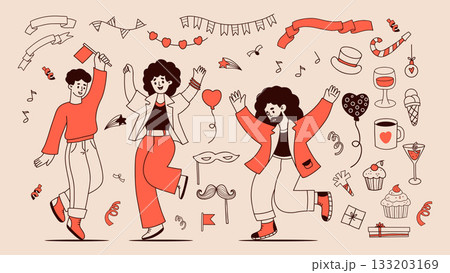 Happy People Dancing. Party Doodle Set. Holiday of Woman, Bearded Man, Festive tinsel, garlands, sweets, drinks, carnival masks, decoration and gifts. Isolated Vector Outline hand drawings. Not AI Happy People Dancing. Party Doodle Set. Holiday of Woman, Bearded Man, Festive tinsel, garlands, sweets, drinks, carnival masks, decoration and gifts. Isolated Vector Outline hand drawings. Not AI 133203169