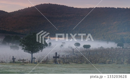 Morning fog over Sad Hill Cemetery. Tourist place in Spain. Morning fog over Sad Hill Cemetery. Tourist place in Spain. 133203628