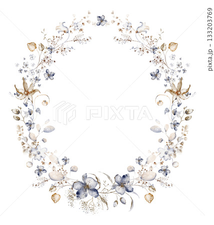 Watercolor wedding wreath with dried winter plants. Botanical border for design. Floral circle for invitation template. 133203769