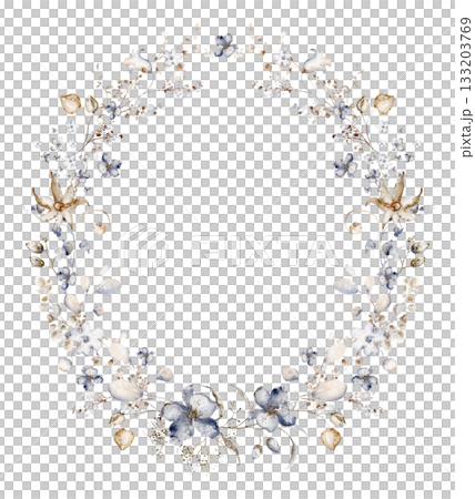 Watercolor wedding wreath with dried winter plants. Botanical border for design. Floral circle for invitation template. Watercolor wedding wreath with dried winter plants. Botanical border for design. Floral circle for invitation template. 133203769