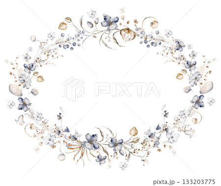 Watercolor wedding wreath with dried winter plants. Botanical border for design. Floral circle for invitation template. 133203775