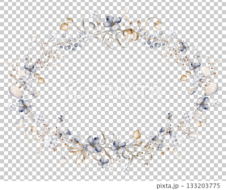 Watercolor wedding wreath with dried winter plants. Botanical border for design. Floral circle for invitation template. 133203775