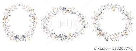 Watercolor wreath with dried plants, berries and foliage. Circular frame for design, invitation and template. Botanical border for greeting and holiday. 133203776