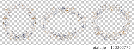 Watercolor wreath with dried plants, berries and foliage. Circular frame for design, invitation and template. Botanical border for greeting and holiday. 133203776