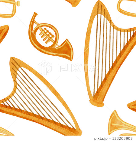 Golden harps and brass horns arranged in a rhythmic musical layout.Watercolor seamless pattern. Hand-painted clip art on white, ideal for festive textiles, wrapping paper, cards, creative projects Golden harps and brass horns arranged in a rhythmic musical layout.Watercolor seamless pattern. Hand-painted clip art on white, ideal for festive textiles, wrapping paper, cards, creative projects 133203905