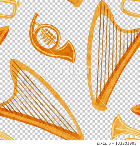 Golden harps and brass horns arranged in a rhythmic musical layout.Watercolor seamless pattern. Hand-painted clip art on white, ideal for festive textiles, wrapping paper, cards, creative projects Golden harps and brass horns arranged in a rhythmic musical layout.Watercolor seamless pattern. Hand-painted clip art on white, ideal for festive textiles, wrapping paper, cards, creative projects 133203905