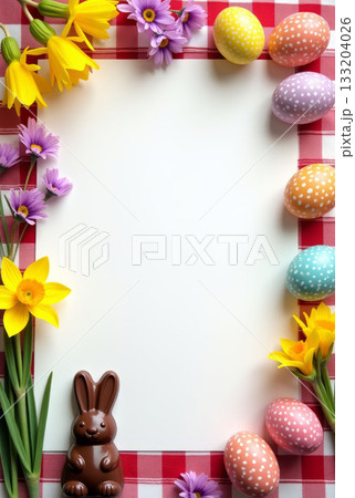 Empty menu template with daffodils, daisies, polka-dot eggs, chocolate bunny on white space, red checkered background. Menu template, mockup for Easter for copy space 133204026