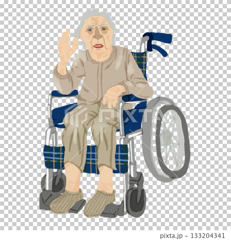 一位老年婦女（坐輪椅）抱怨每5分鐘就要小便一次 / 泌尿系統問題和頻尿的醫學插圖 133204341