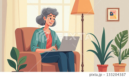 Elderly woman with gray hair sitting on a cozy armchair using a laptop. Warm home interior with plants and soft lighting. Concept of technology use 133204387
