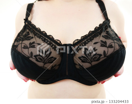 Woman big breast wearing bra 133204433