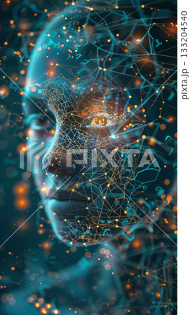 Concept of brain's neural network. The neurons are connected to each other and are glowing in the dark. The face is surrounded by a blue background with stars 133204540