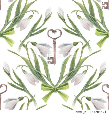 A seamless pattern featuring a vintage-style composition of snowdrops, leaves, and keys. Hand-drawn watercolor illustration isolated on a white background. Perfect for decorating packaging, textiles. 133204571