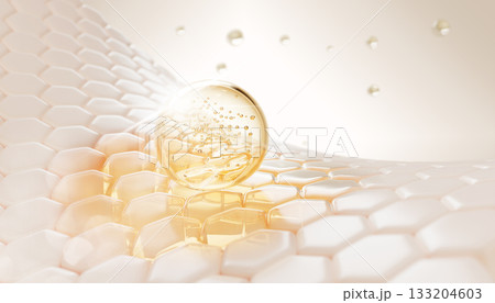 3d skin cells with oil drop texture. Epidermis hexagon pattern with retinol serum bubble. Gold essence gel for glowing. Golden skincare argan cosmetic droplet. Yellow honey face mask. 3D illustration 133204603