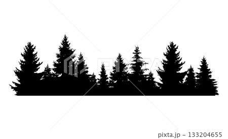 Fir trees silhouette. Coniferous spruce horizontal background pattern, black evergreen woods vector illustration. Beautiful hand drawn panorama of coniferous forest Fir trees silhouette. Coniferous spruce horizontal background pattern, black evergreen woods vector illustration. Beautiful hand drawn panorama of coniferous forest 133204655